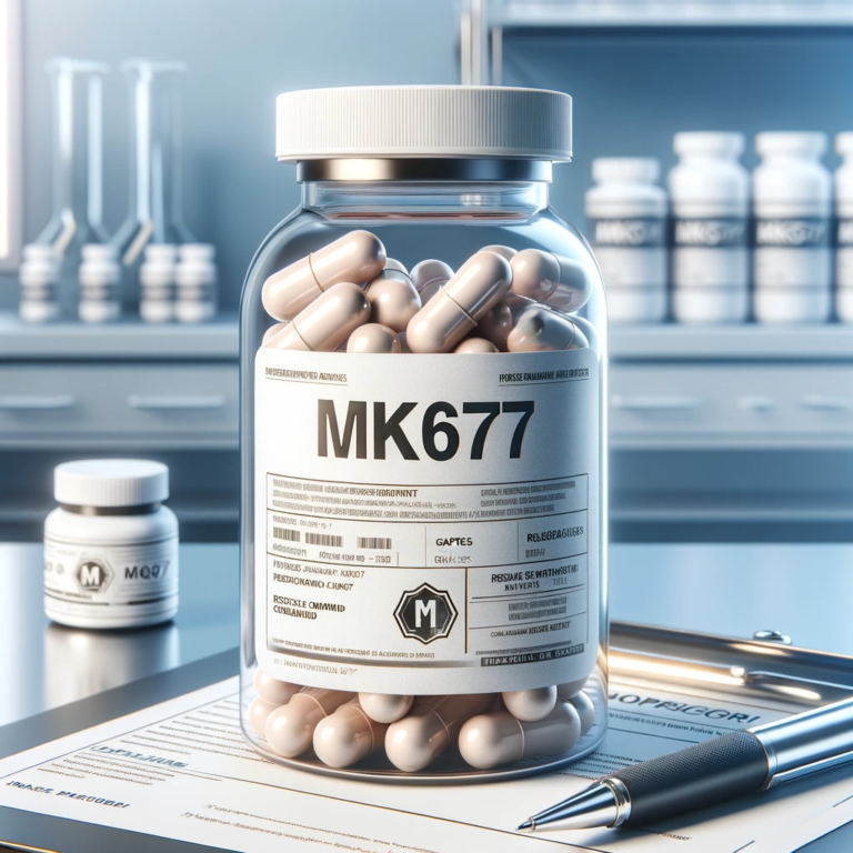 DALL·E 2023-12-01 10.30.18 - A non-branded, fictional pharmaceutical product labeled as 'MK677' in a generic, medical-style packaging