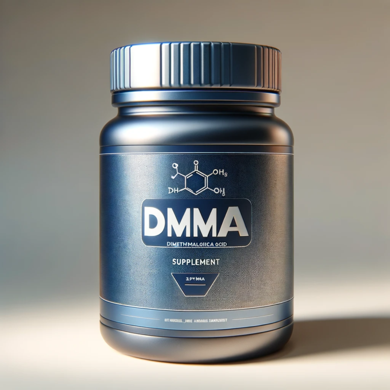 DALL·E 2023-12-02 15.46.29 - A realistic image of a DMMA (Dimethylmalonic Acid) supplement container. The container should be cylindrical, with a sleek design