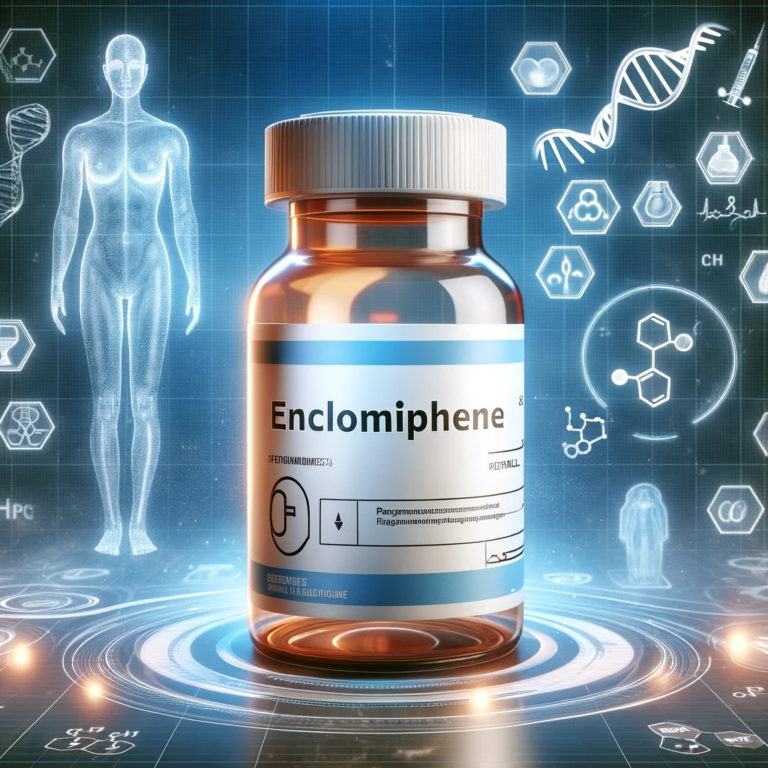 DALL·E 2024-01-10 17.34.23 - An image showing a bottle labeled 'Enclomiphene' on a medical or scientific themed background