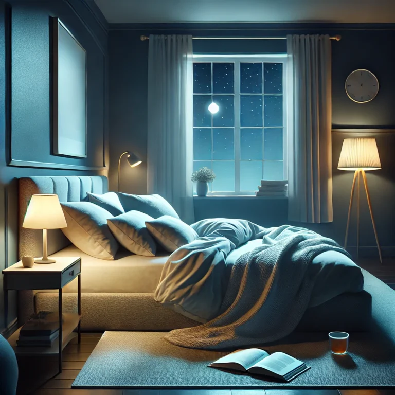 DALL·E 2024-10-23 20.20.20 - A calming bedroom scene at night, featuring a comfortable bed with soft pillows and a dimly lit bedside lamp